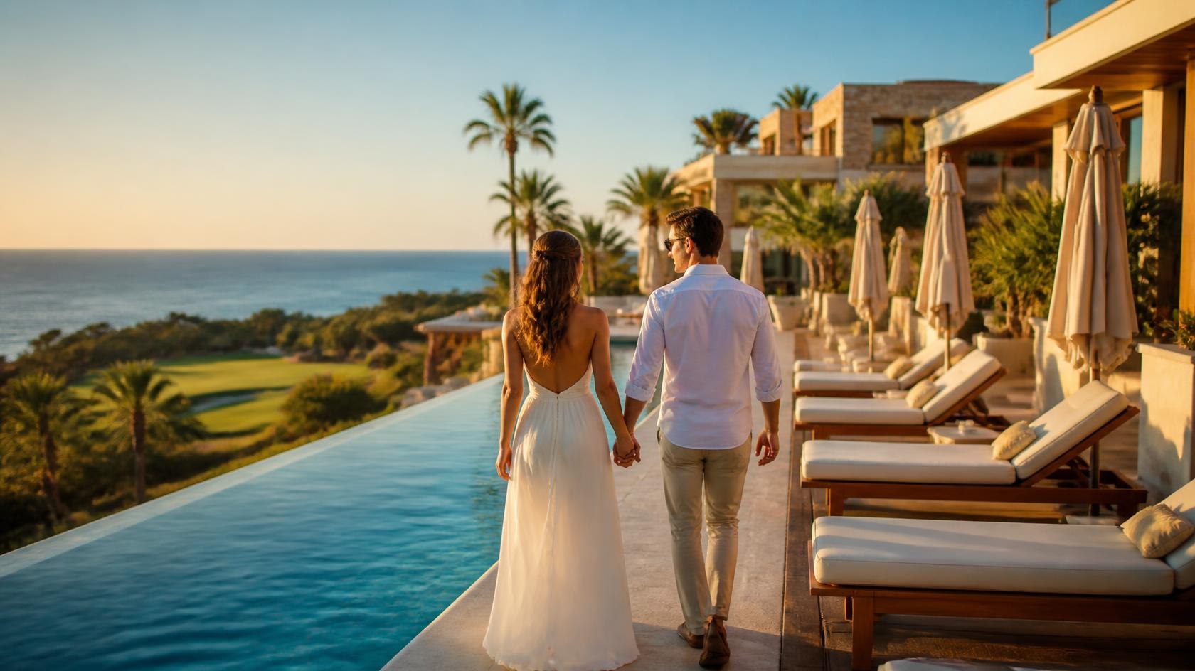 Antalya'da lüks otel havuzu, golf sahası ve deniz manzarası