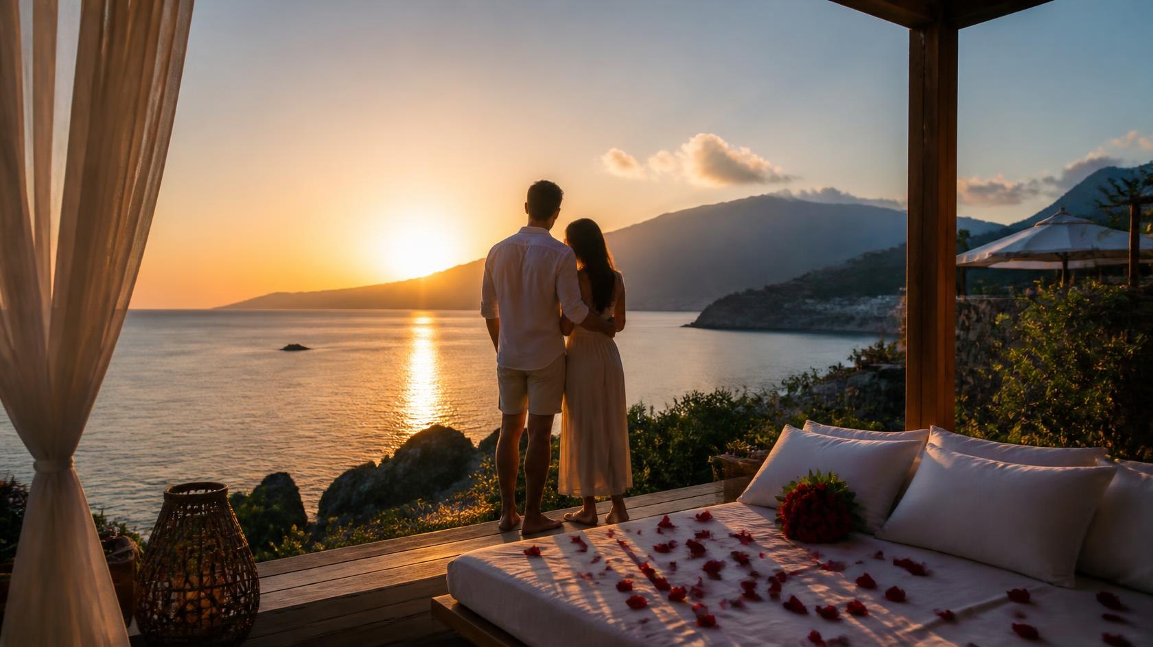 Balayı ve Düğün VIP Transfer — gün batımında romantik otel terası